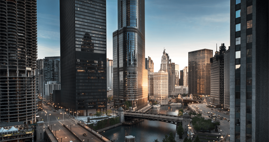 Chicago downtown skyline and river at sunset