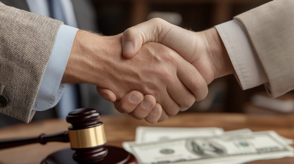 Close-up of a handshake between two businessmen, with a gavel and money in the background.