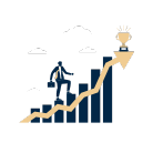 Illustration of a person climbing a rising bar graph toward a trophy representing growth and success.