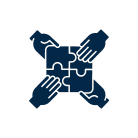Abstract icon of four hands assembling puzzle pieces representing collaboration.
