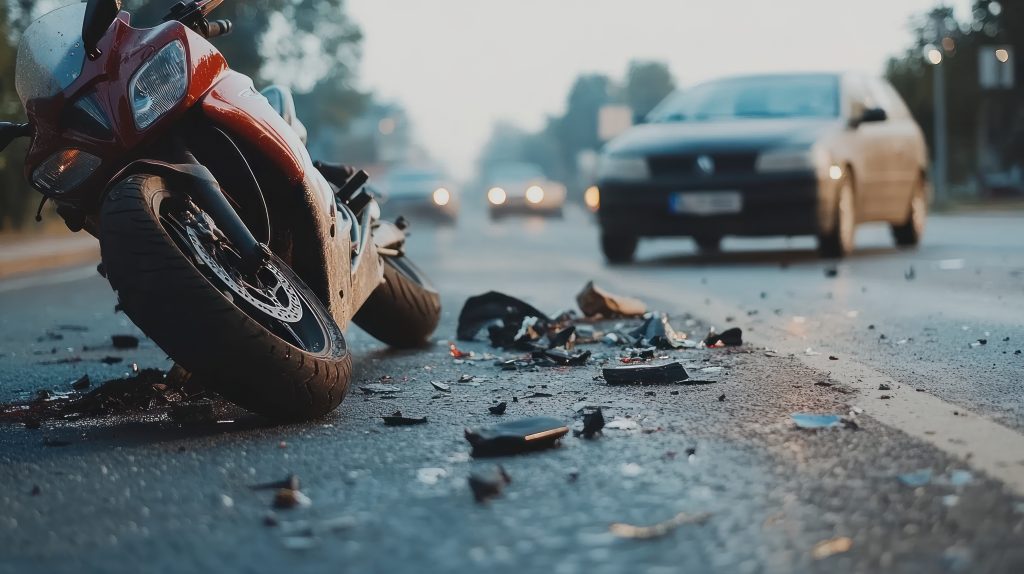 Motorcycle accident scene with debris scattered on the road.