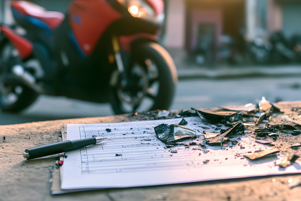 Damaged motorcycle parts scattered on the ground next to an accident report.