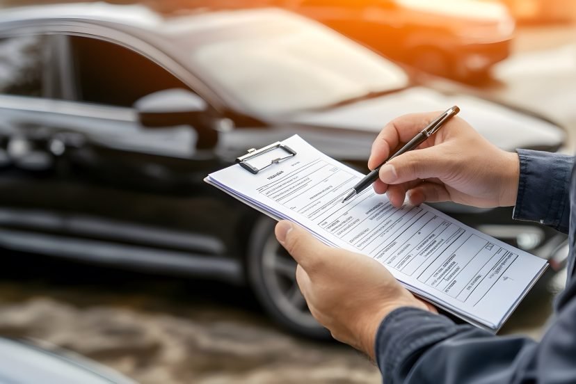Person writing details on a form after a car accident.