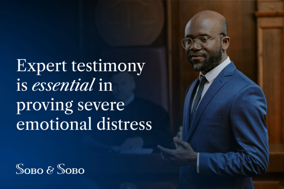 Expert testimony in emotional distress case, attorney speaking in courtroom with Sobo & Sobo branding