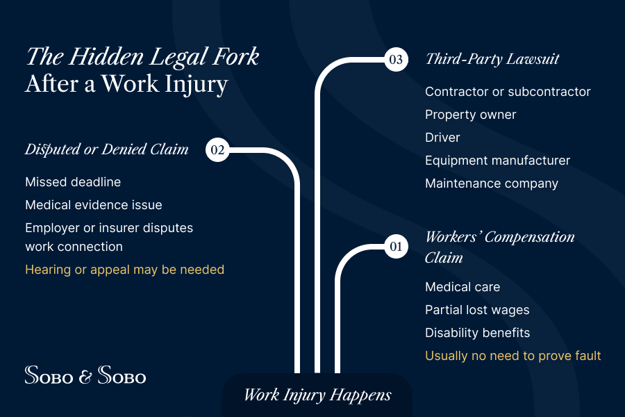 Workers’ compensation claims, denied claims, and third-party lawsuits after a work injury infographic.