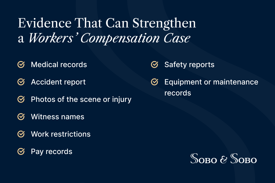 Evidence that can strengthen a workers’ compensation case, including medical records, accident reports, photos, witness names, pay records, and safety reports.