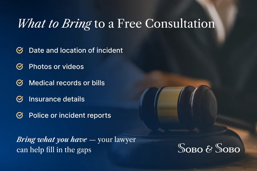 what to bring to free lawyer consultation documents checklist medical records insurance info infographic