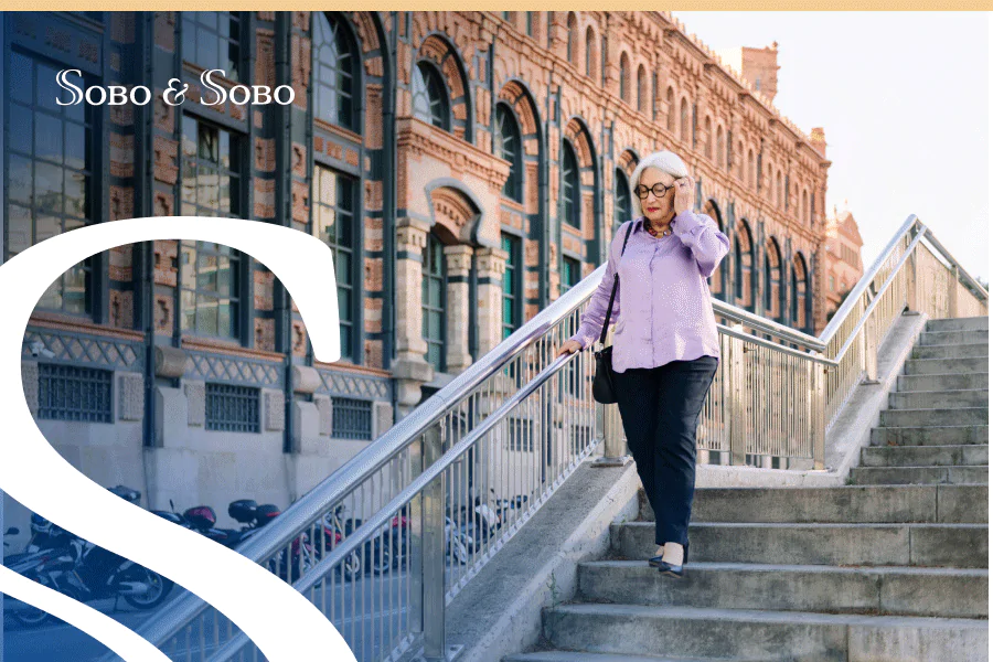 Older adult safely descending outdoor stairs with a handrail, representing stair safety and fall prevention for seniors.