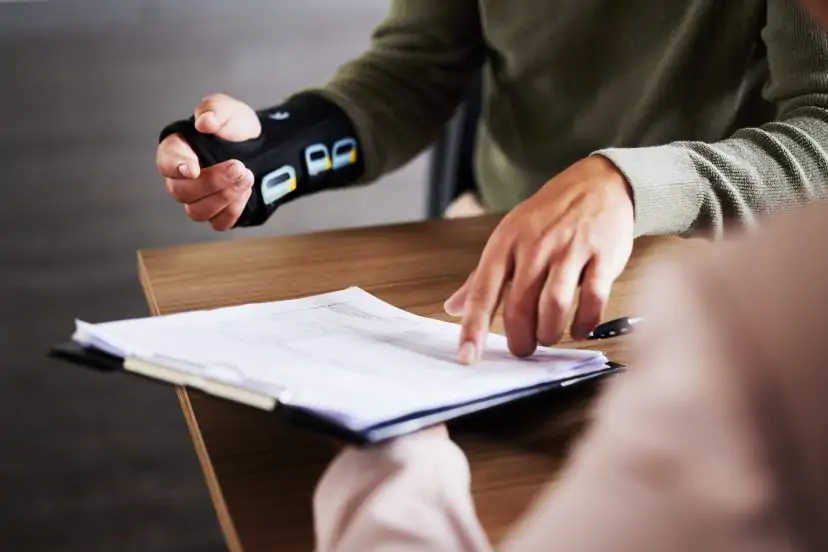 Injured person with a wrist brace filling out legal documents