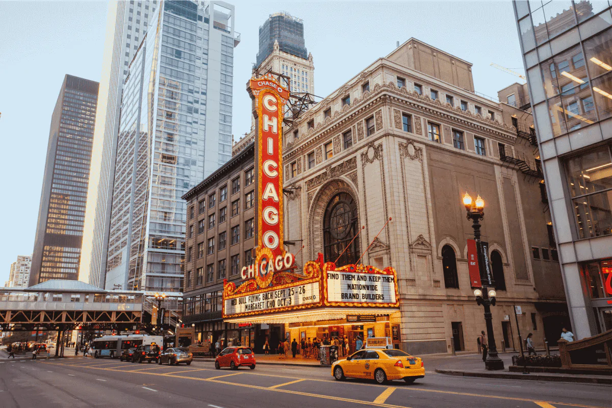 Chicago Theater and surrounding city street scene