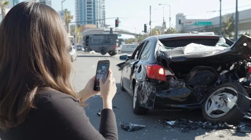 Woman taking photos of a damaged car at an accident scene.