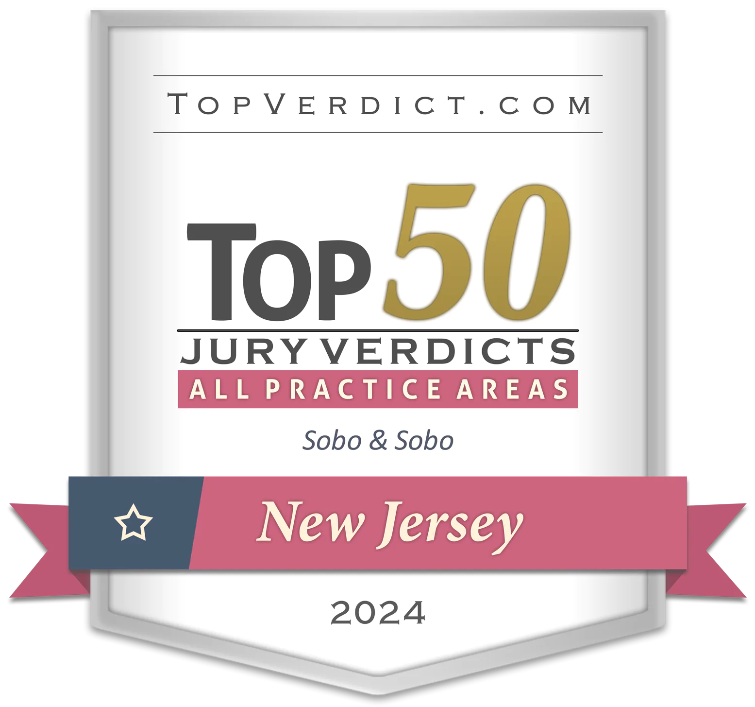 Top Verdict award badge showing Sobo & Sobo listed in the Top 50 Jury Verdicts for New Jersey in 2024.
